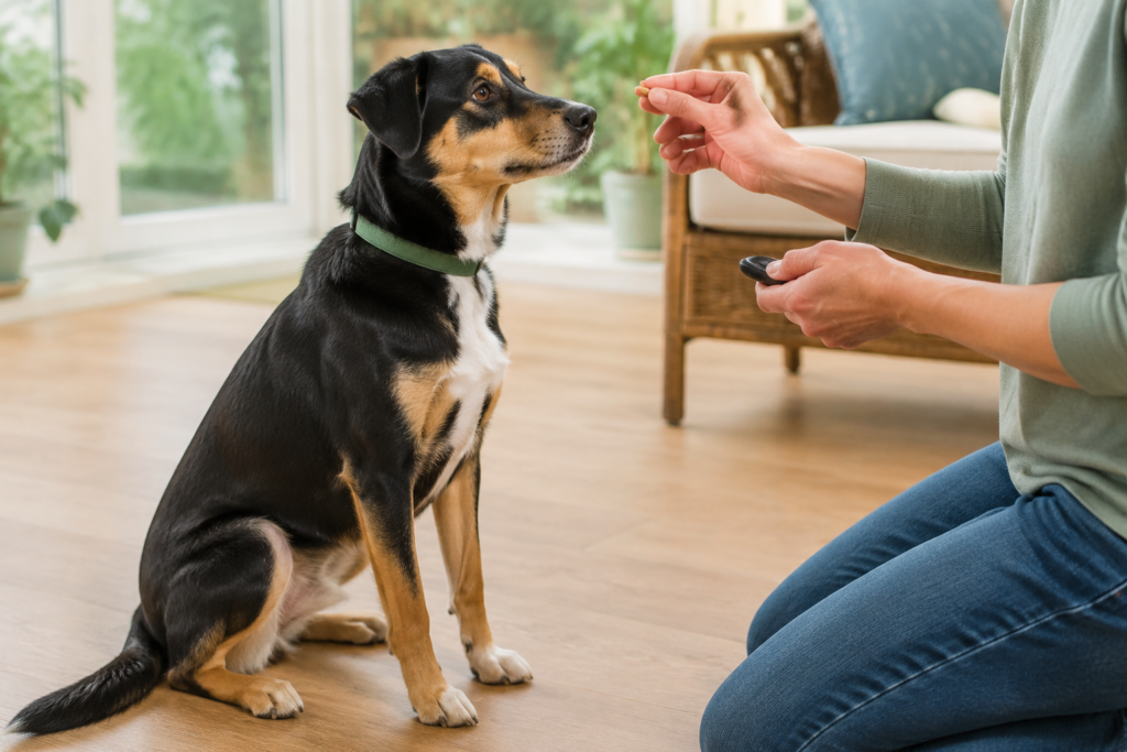 Dog learning through reward-based training with a treat and clicker