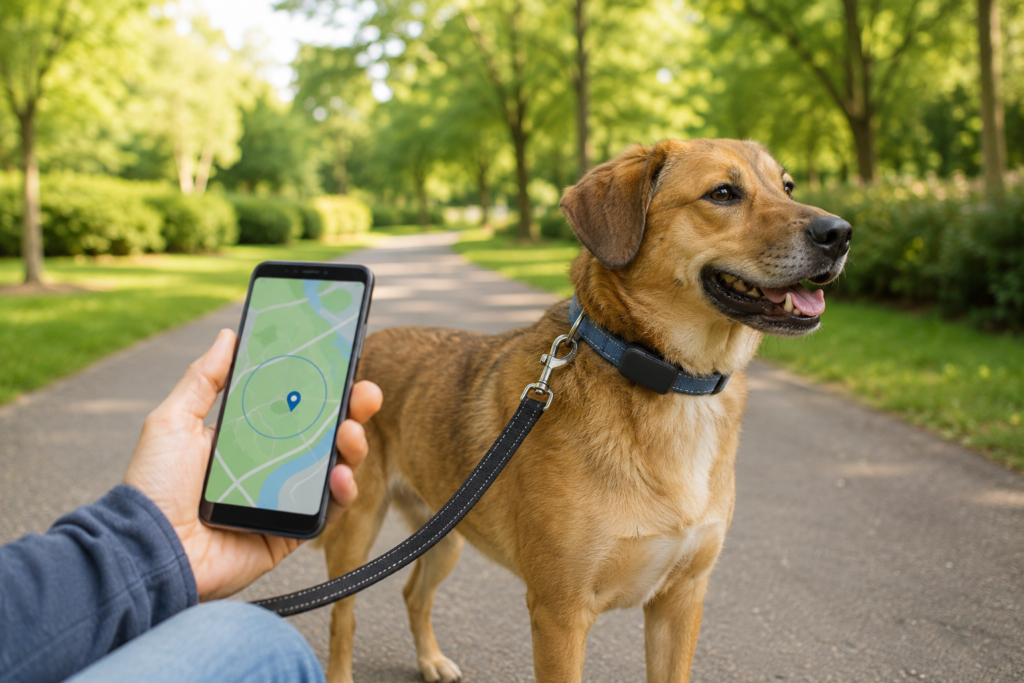 Dog wearing a GPS pet tracker while its location appears on a mobile phone
