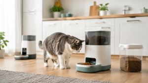 Cat comparing automatic pet feeders in a home kitchen