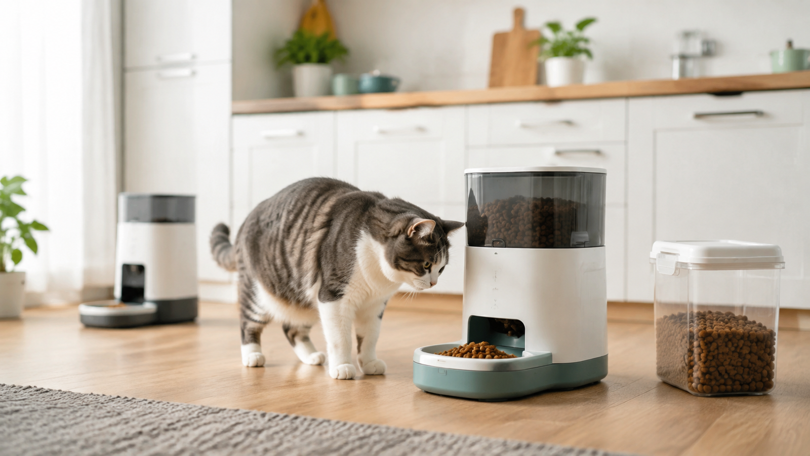 Cat comparing automatic pet feeders in a home kitchen