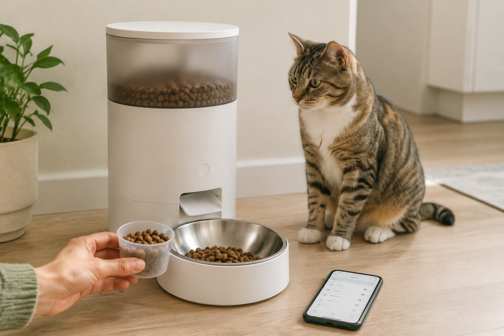 Cat beside a smart automatic feeder while its dry-food portion is measured