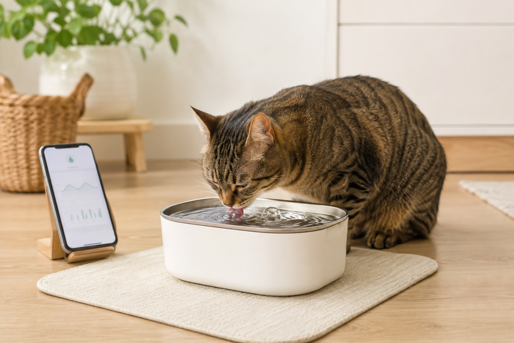 Cat drinking from a smart cordless water fountain with hydration monitoring