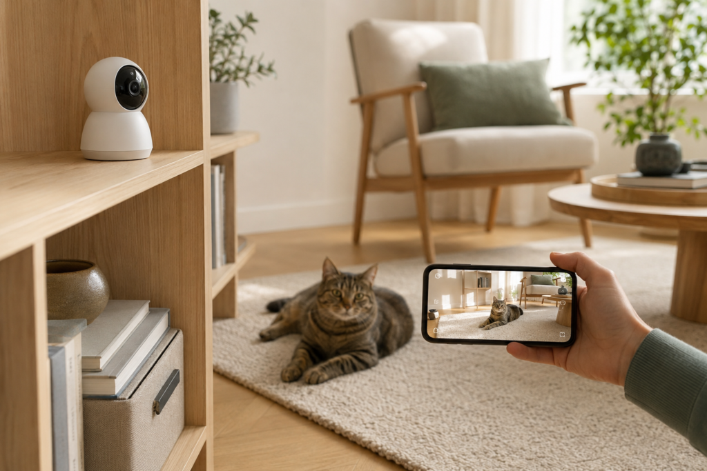 Smart pet camera monitoring a cat through a mobile phone