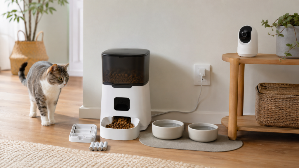 Automatic cat feeder with backup batteries, water bowls and pet camera