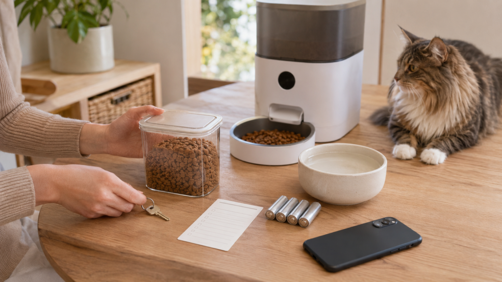 Automatic cat feeder vacation checklist with food, batteries, and caregiver key