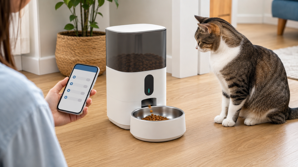 Automatic cat feeder dispensing a small scheduled meal