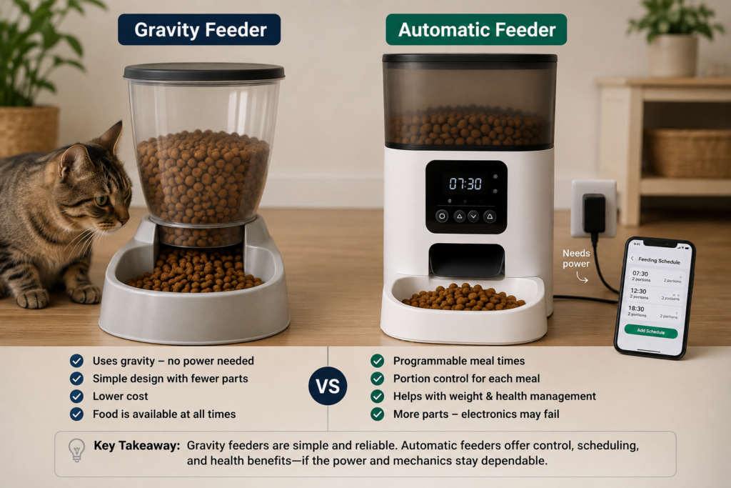 Gravity feeder and automatic pet feeder comparison showing reliability and feeding controls