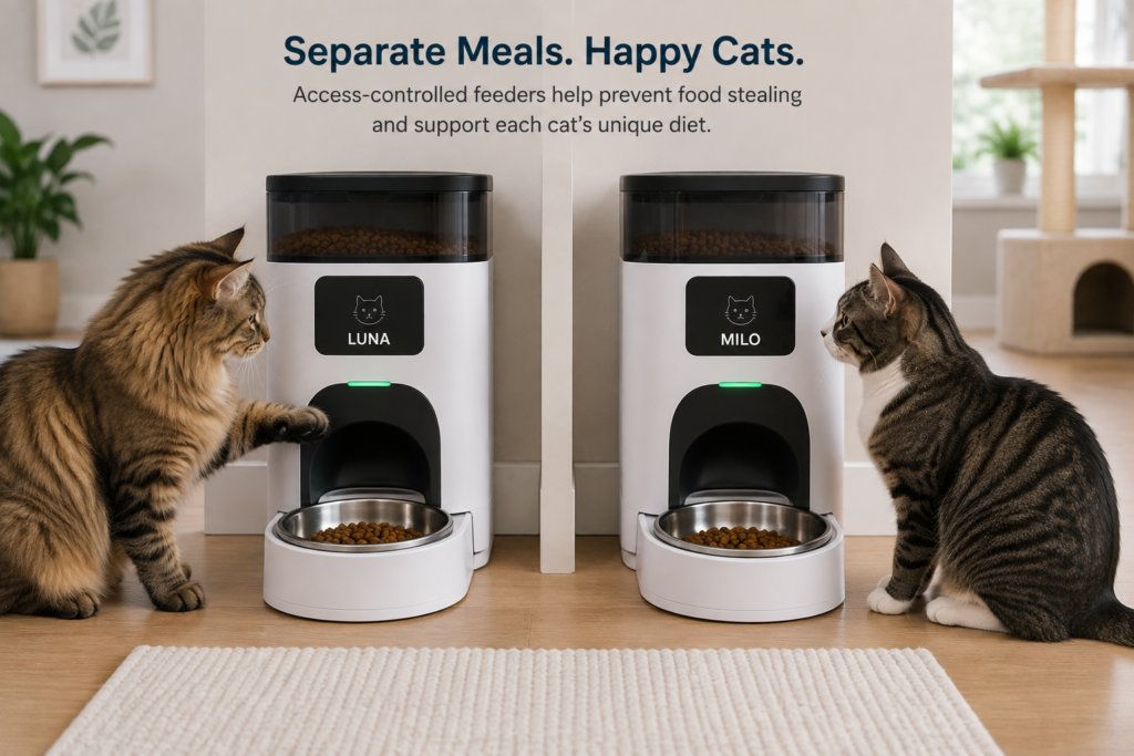 Two cats using separate access-controlled automatic feeders in a multi-cat household
