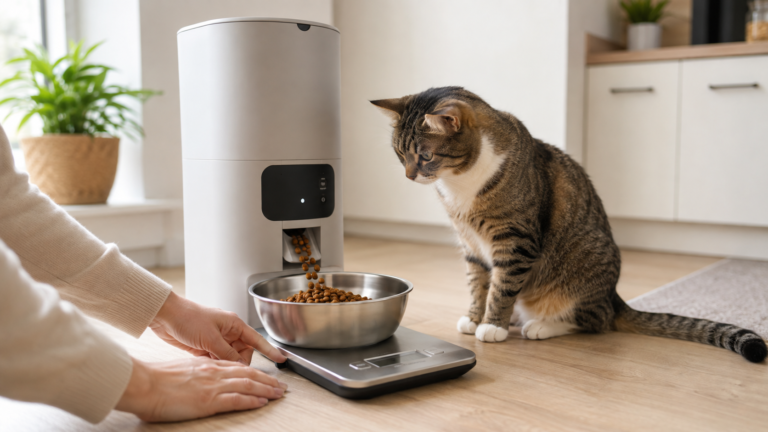 Text: Automatic pet feeder portion accuracy test using a digital kitchen scale