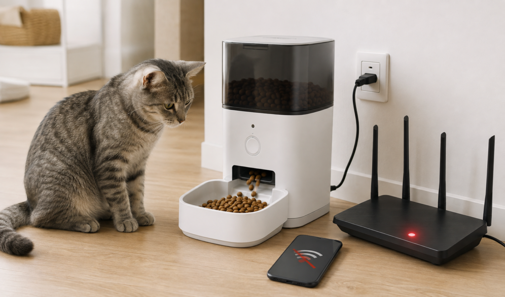 Automatic pet feeder dispensing food during a Wi-Fi outage