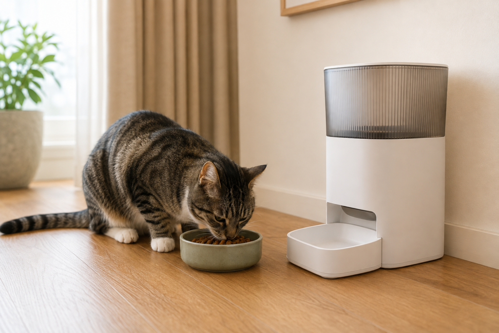 How to train your cat to use an automatic feeder beside its familiar food bowl