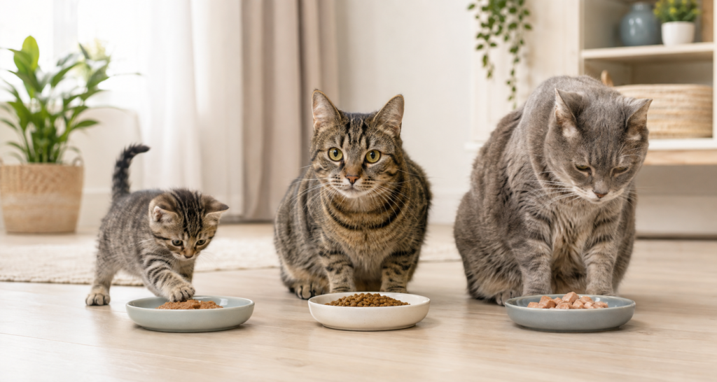 Kitten, adult cat, and senior cat with separate feeding bowls