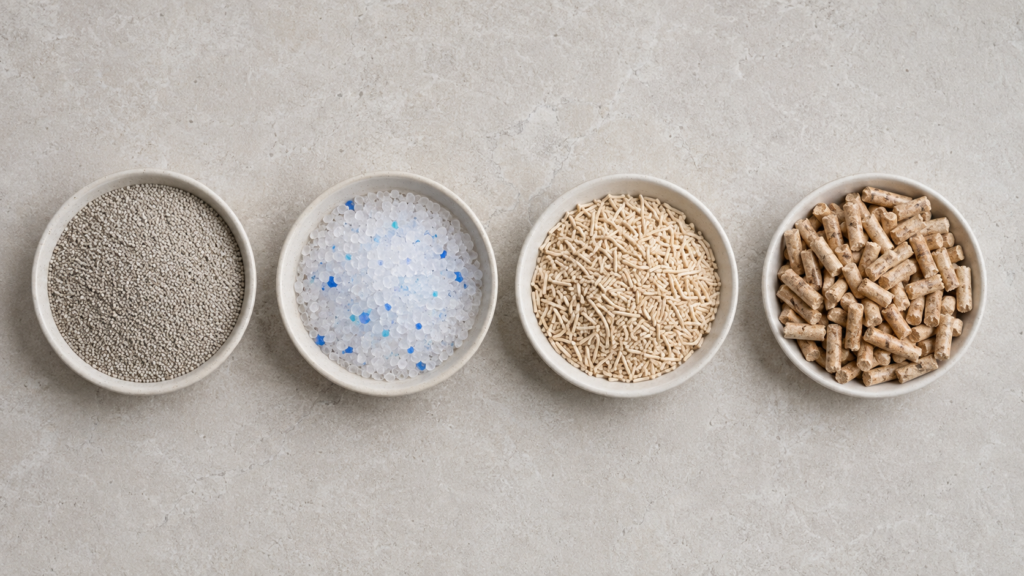 clay, crystal, tofu and pine litter types compared