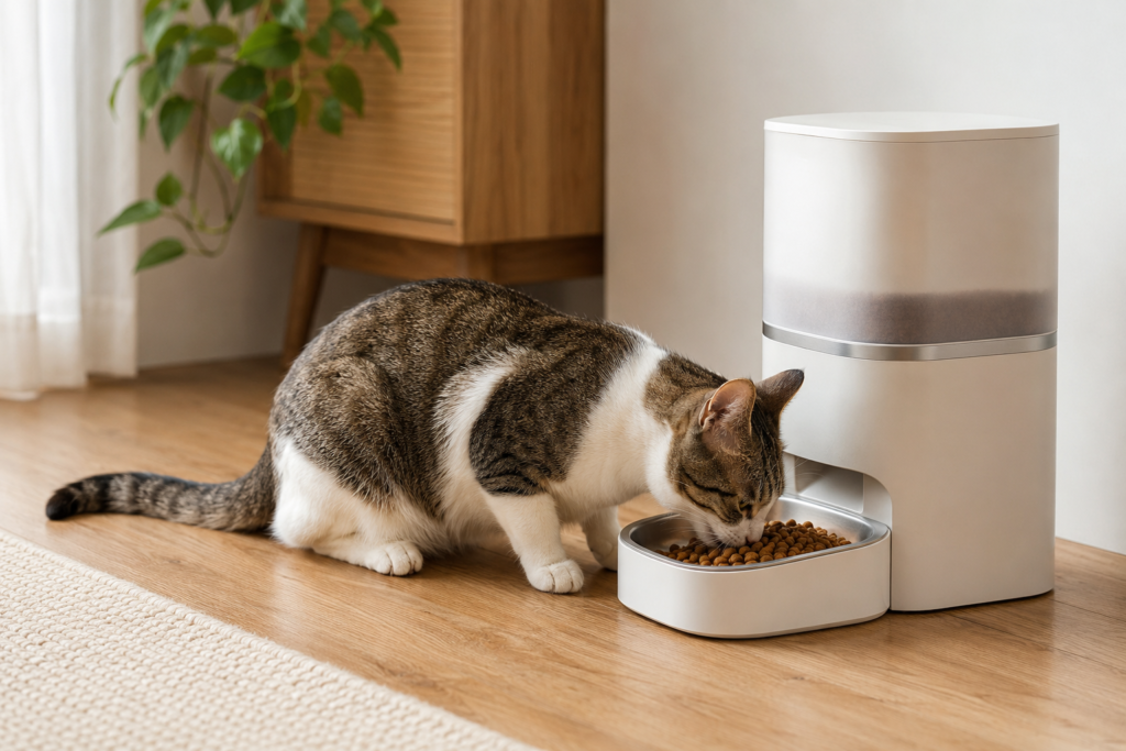 Relaxed cat comfortably eating a scheduled meal from an automatic feeder