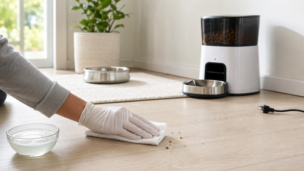 Cleaning spilled kibble and an ant trail near an unplugged automatic pet feeder