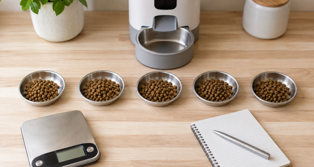 Five automatic pet feeder portions measured to check dispensing accuracy