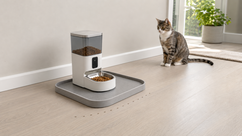 Automatic pet feeder on a dry ant-resistant platform away from the wall