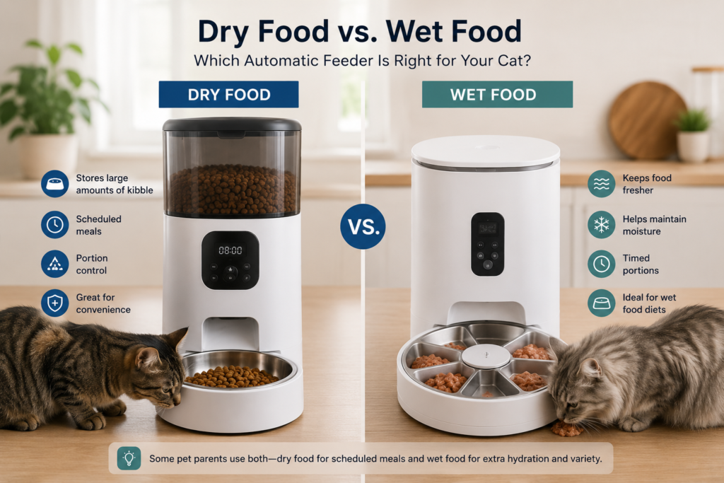 Dry food automatic feeder and compartment-style wet food feeder for cats