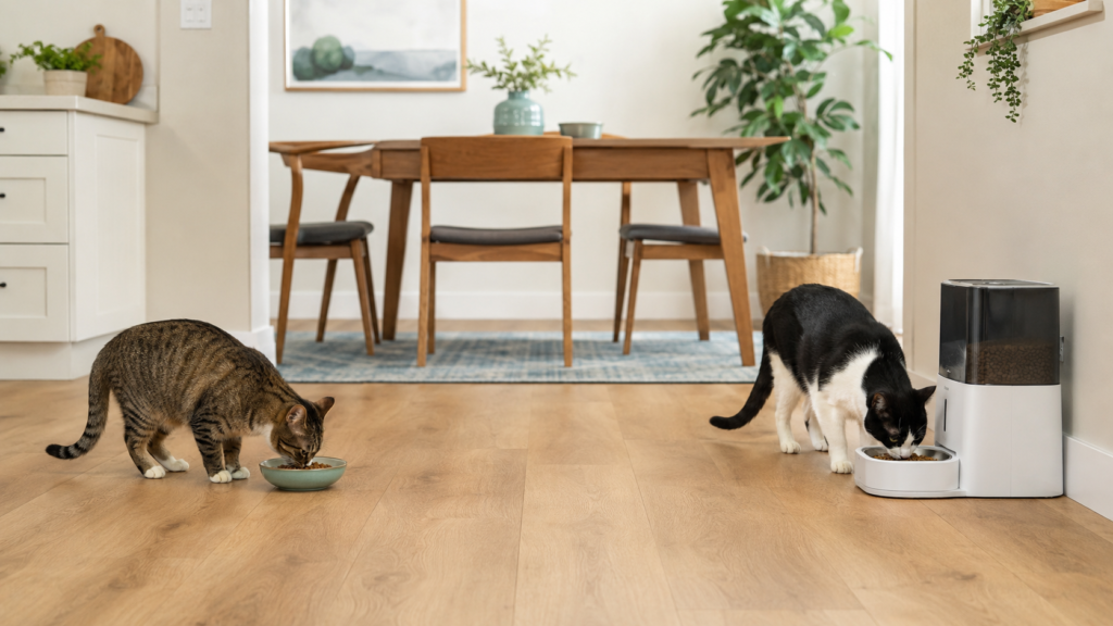 Two cats eating at separate feeding stations