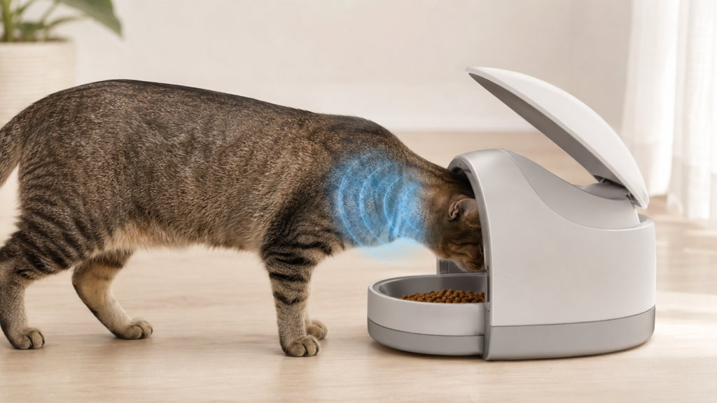 Microchip cat feeder recognizing an authorized cat and opening the food bowl