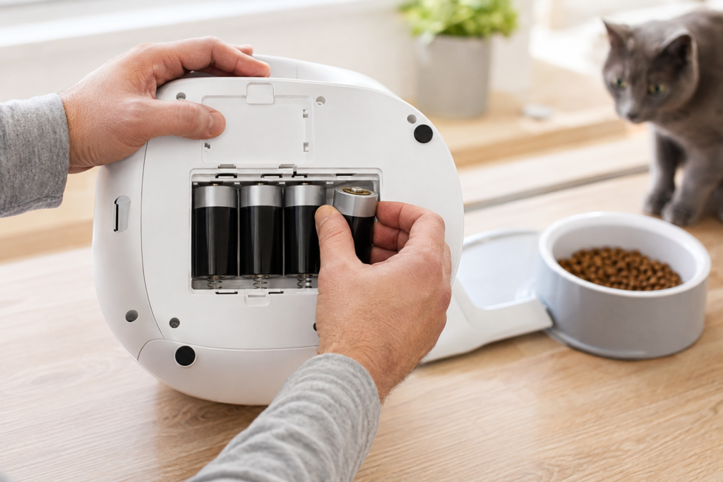 Installing backup batteries in an automatic pet feeder