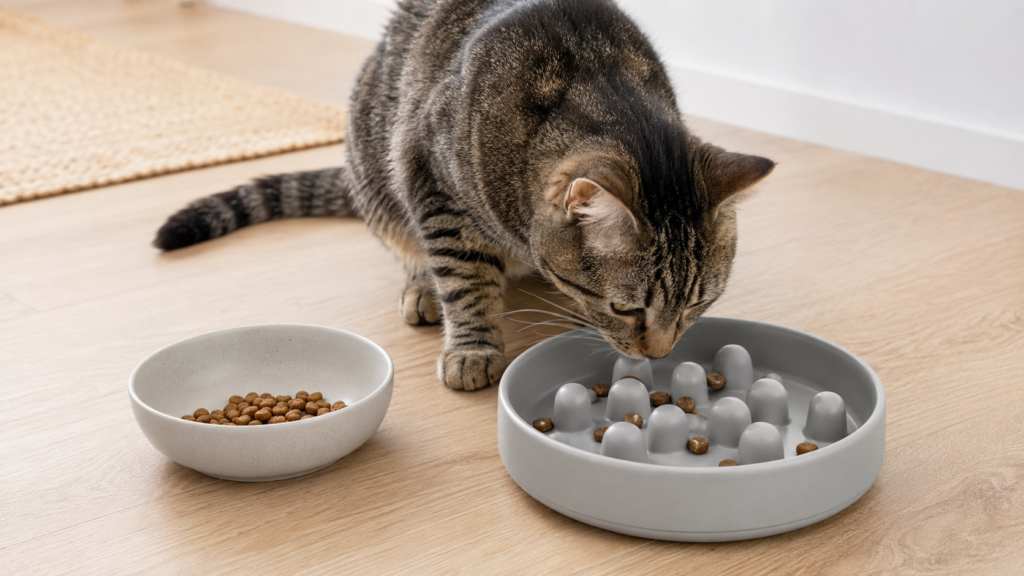 Cat investigating a slow feeder beside its familiar food bowl