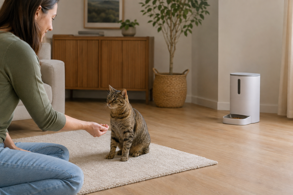 Owner rewarding a calm cat during automatic feeder sound trainingTitle: Introducing an Automatic Feeder’s Sound Gradually