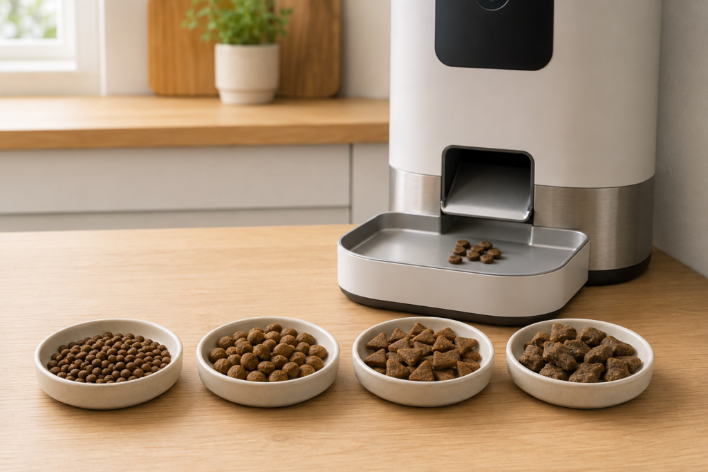 Different kibble sizes and shapes affecting automatic feeder portion accuracy