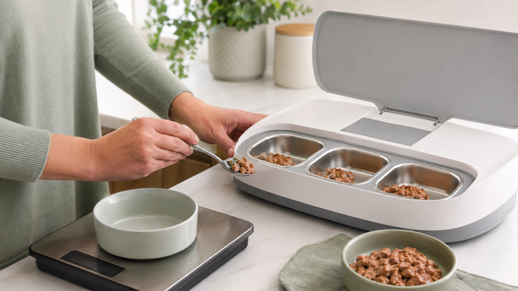 Owner measuring wet cat food for an automatic feeder