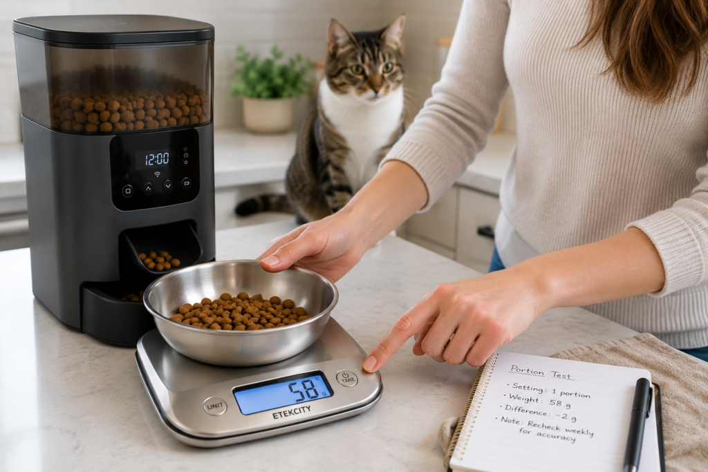 Measuring automatic pet feeder kibble portion on a digital kitchen scale