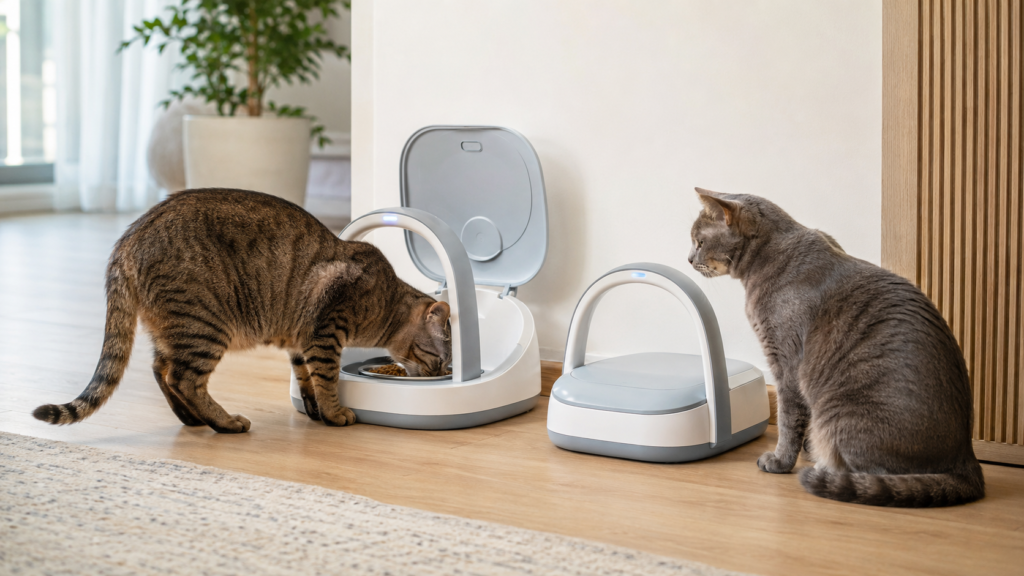 Microchip feeders for cats controlling food access in a multi-cat home