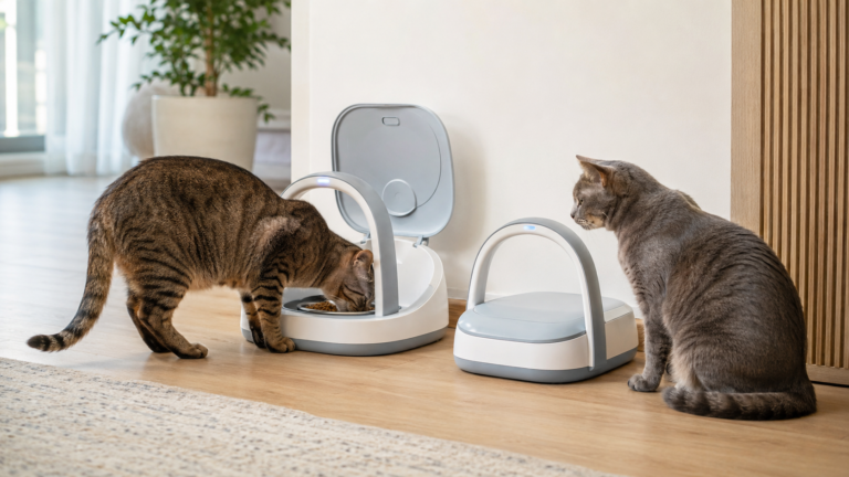 Microchip feeders for cats controlling food access in a multi-cat home