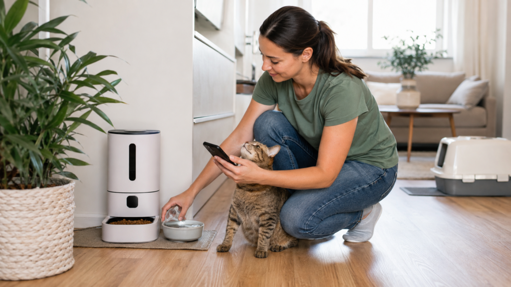 Pet sitter checking a cat, automatic feeder and fresh water