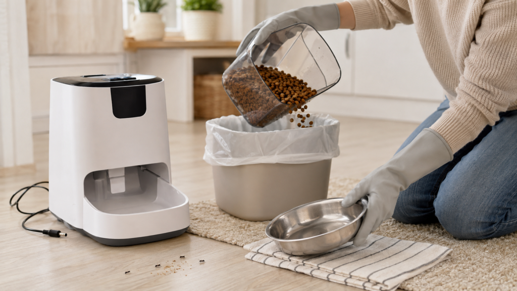 Owner emptying ant-contaminated kibble from an unplugged automatic pet feeder
