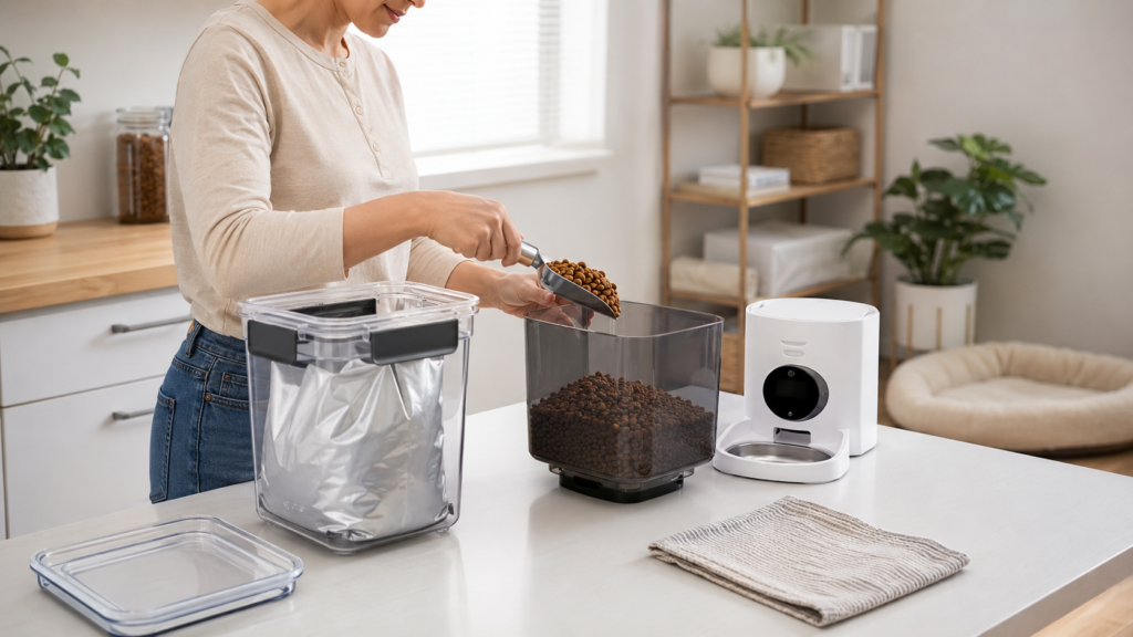 Refilling an automatic pet feeder from kibble stored securely in its original bag and container