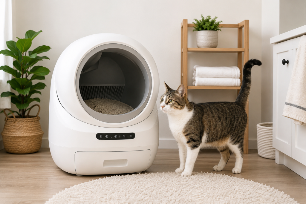 Cat beside a self-cleaning litter box in a modern home