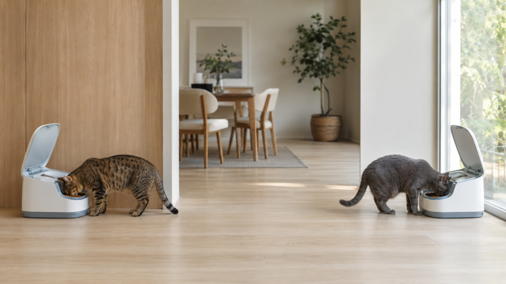 Two cats using separate microchip feeders in a multi-cat home