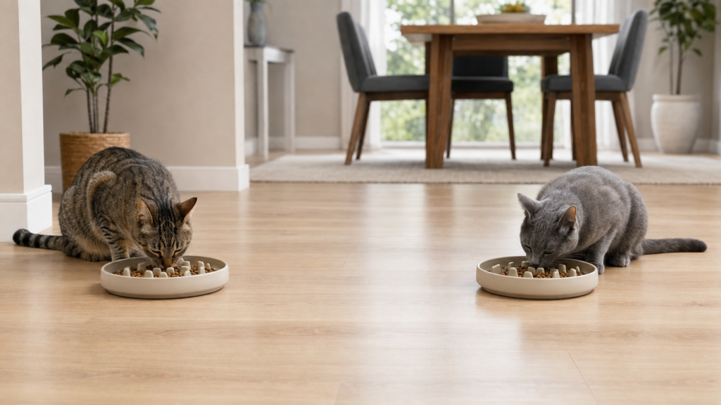 Two cats eating from separate slow feeders in a multi-cat home