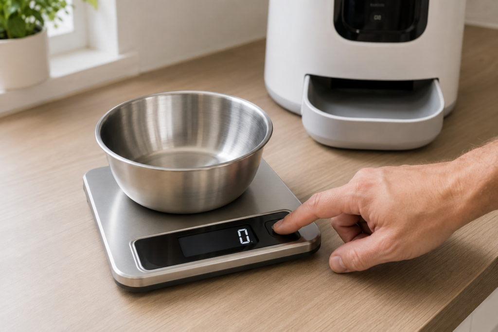 Empty pet feeder bowl tared on a digital kitchen scale