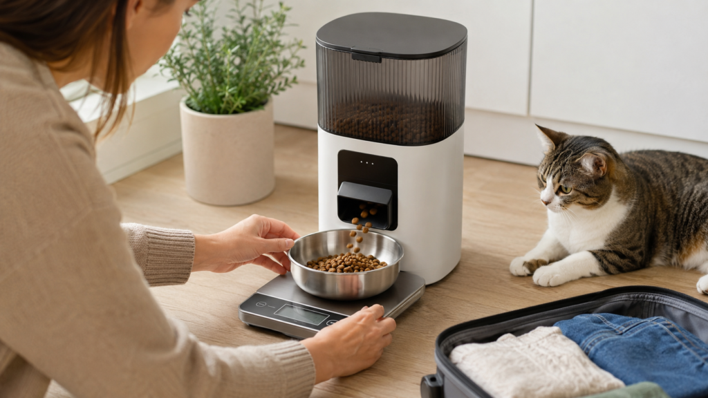 Owner testing an automatic cat feeder portion on a kitchen scale