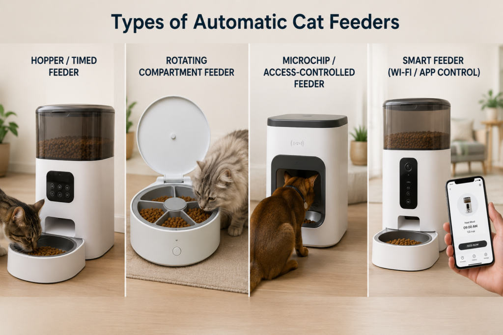 Four types of automatic cat feeders including timed, rotating, microchip and smart feeders