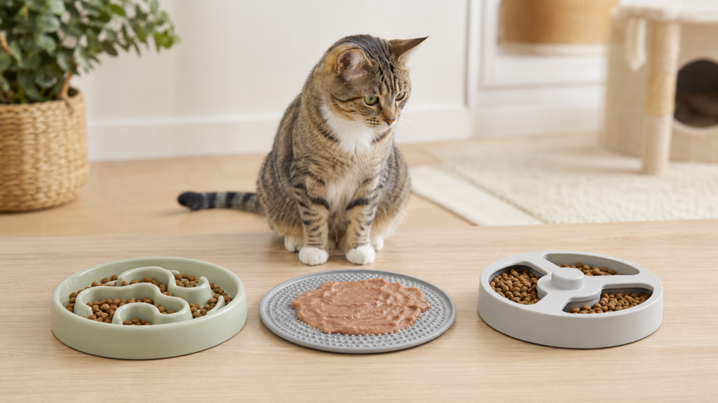 Ridge bowl, lick mat, and puzzle slow feeders for cats