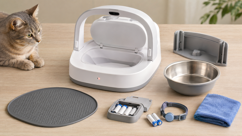 Microchip cat feeder parts including reader, bowl, guard, batteries and RFID tag