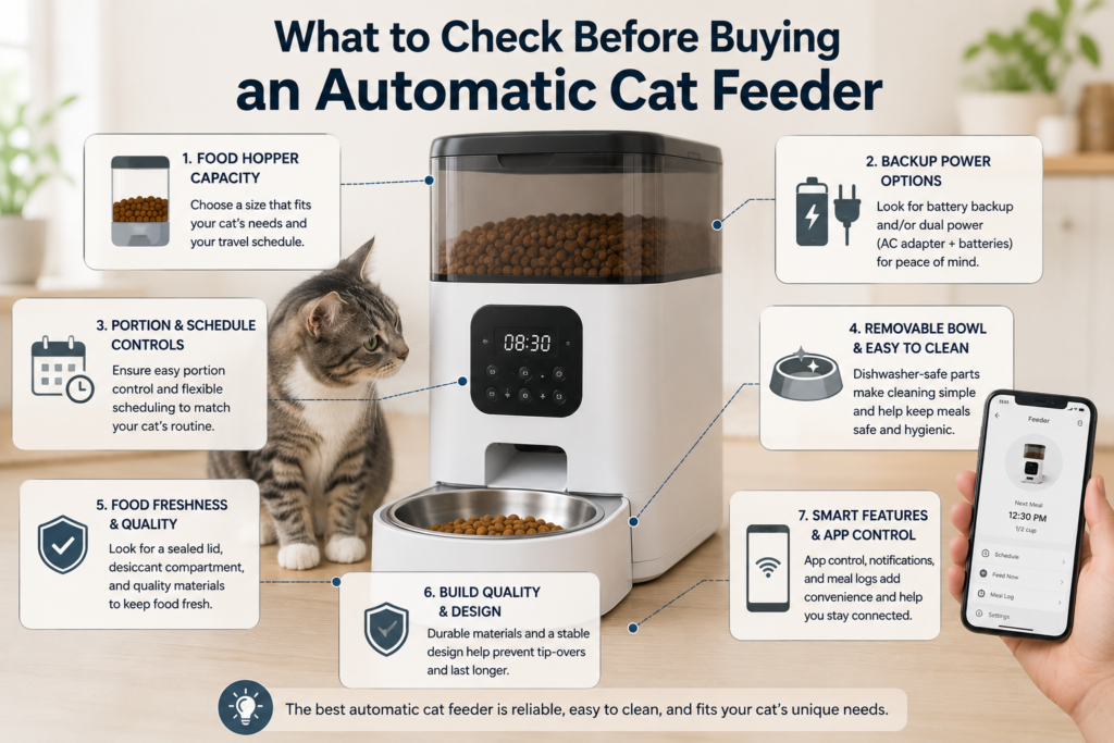 Automatic cat feeder showing hopper, portion controls, backup power, removable bowl and smart app features