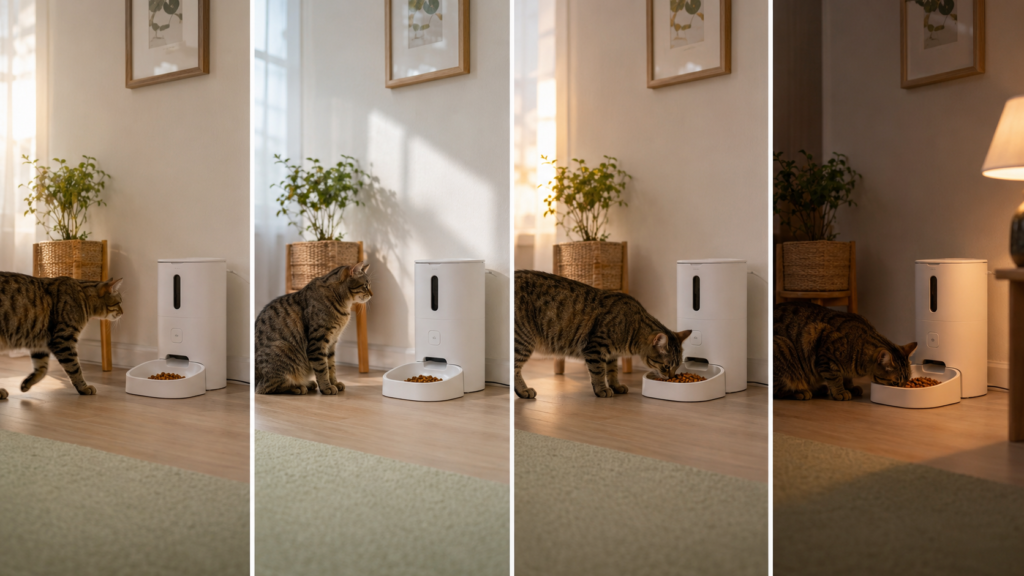 Cat following an automatic feeder meal schedule throughout the day