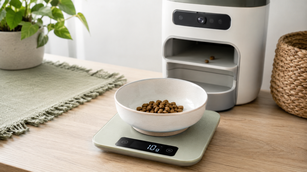 Digital kitchen scale weighing a 10-gram automatic feeder portion
