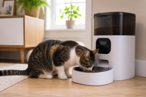 Are automatic pet feeders worth it? Cat using an automatic pet feeder