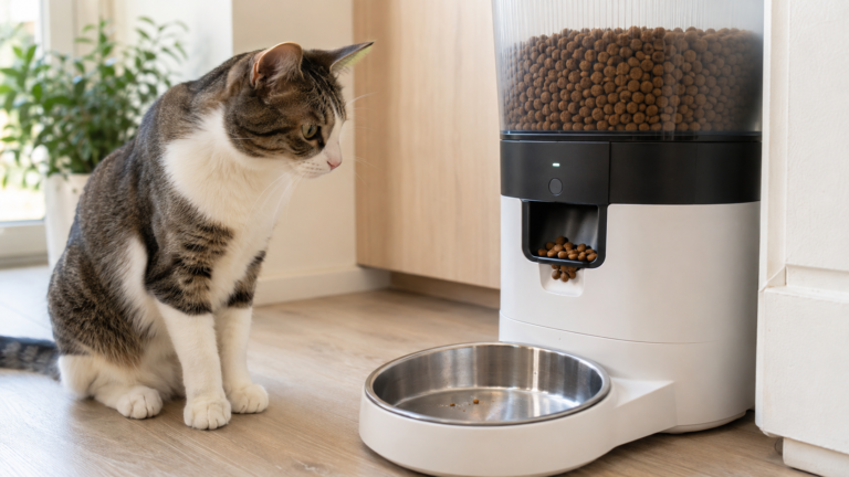 Automatic pet feeder not dispensing food because of a blocked kibble outlet