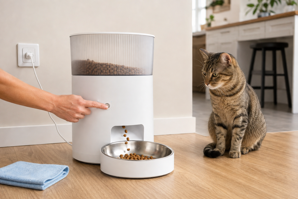 Testing an automatic pet feeder after cleaning and reassembly