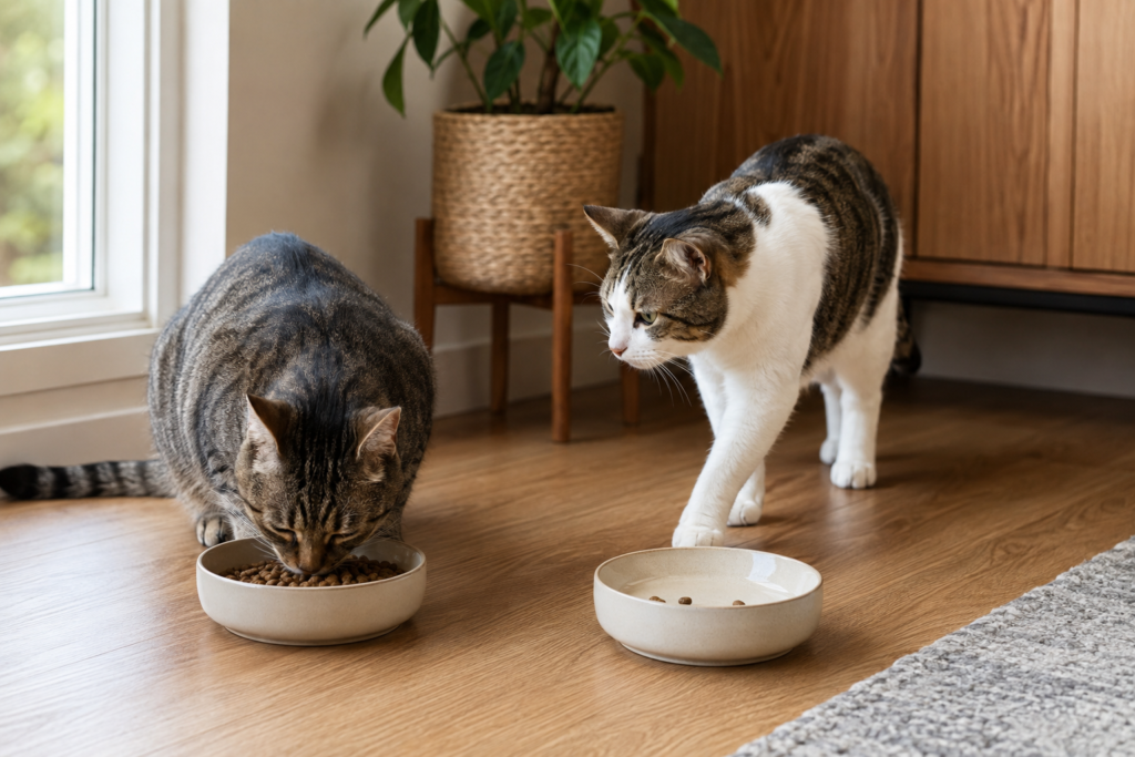 One cat approaching another cat’s food bowl after finishing its meal